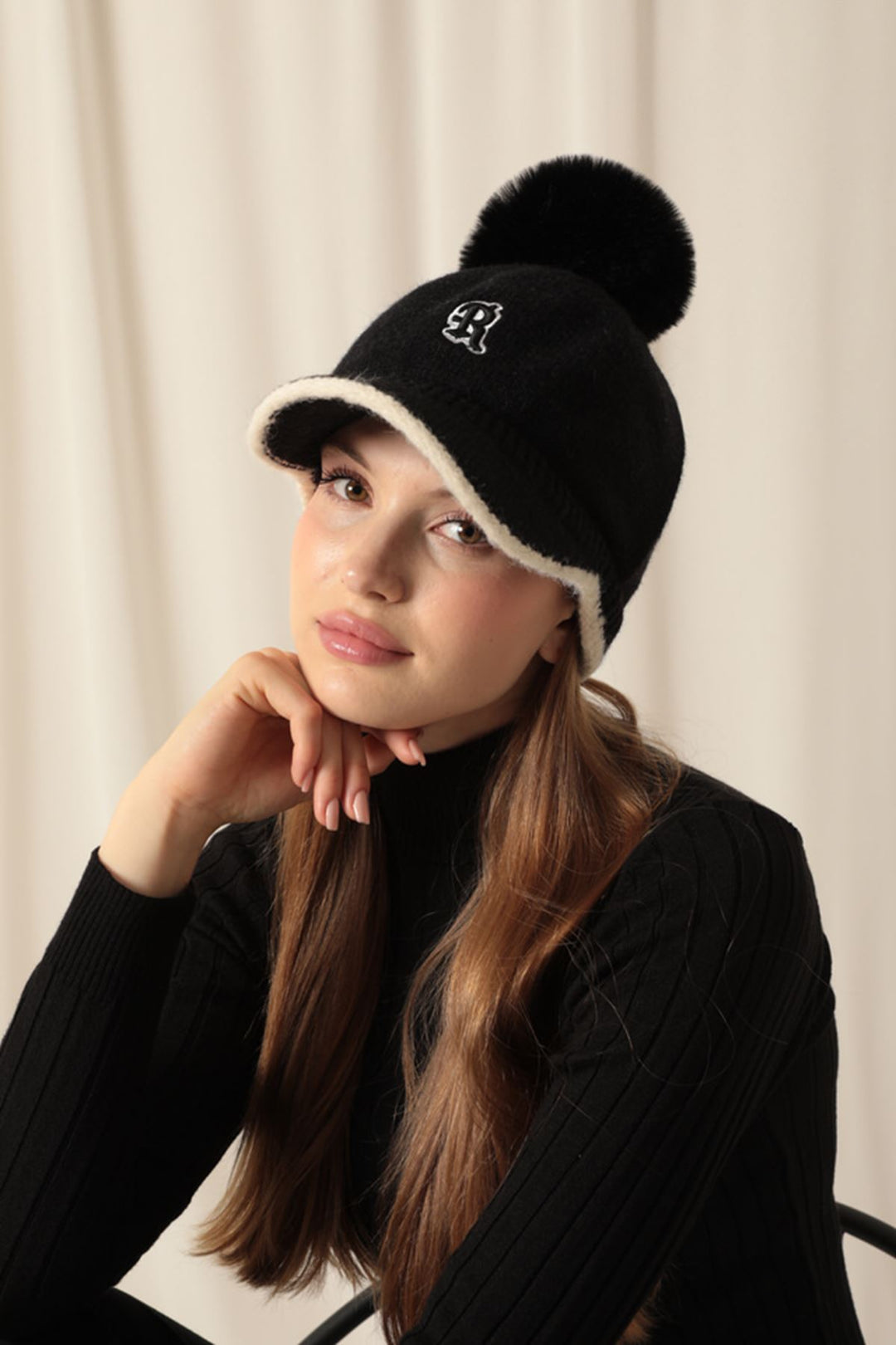 KKT Pompom Embroidered Women's Black Cap - Brookline
