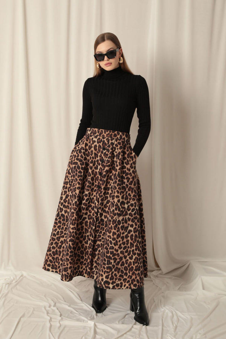 KKT Torino Fabric Leopard Pattern Women's Coffee Skirt Suit - Sparks