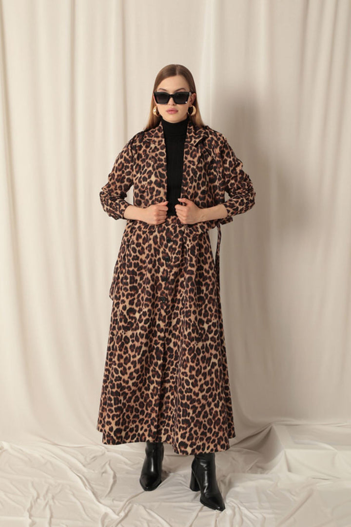 KKT Torino Fabric Leopard Pattern Women's Coffee Skirt Suit - Sparks