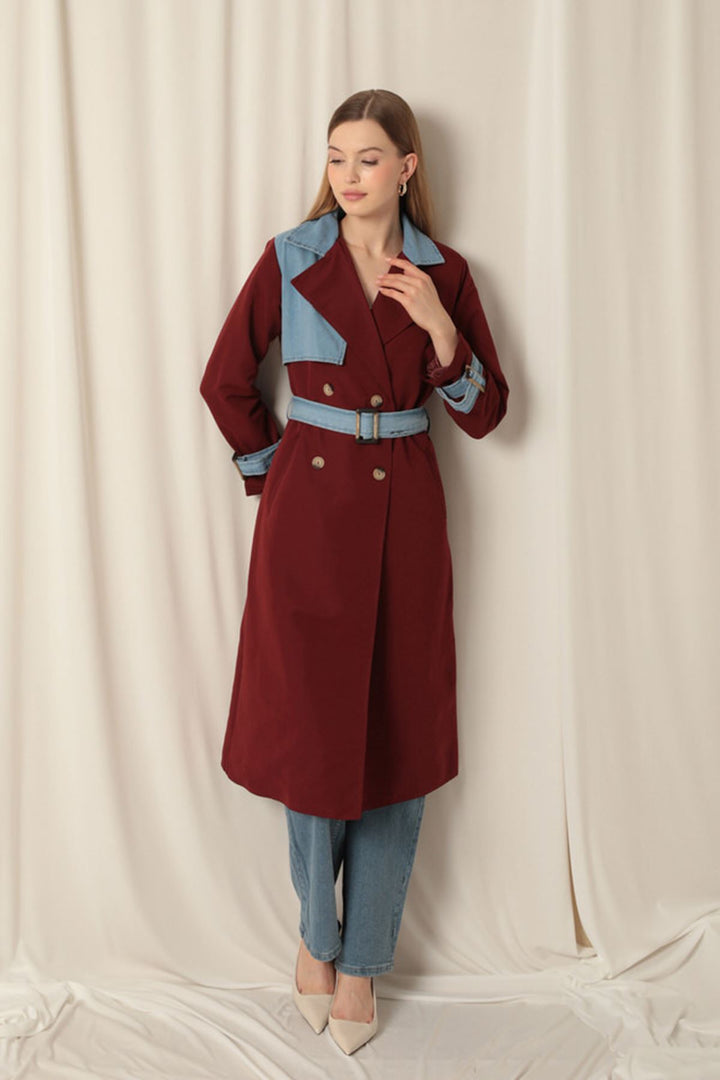 KKT Torino Fabric Women's Burgundy Trench Coat - Acharnés