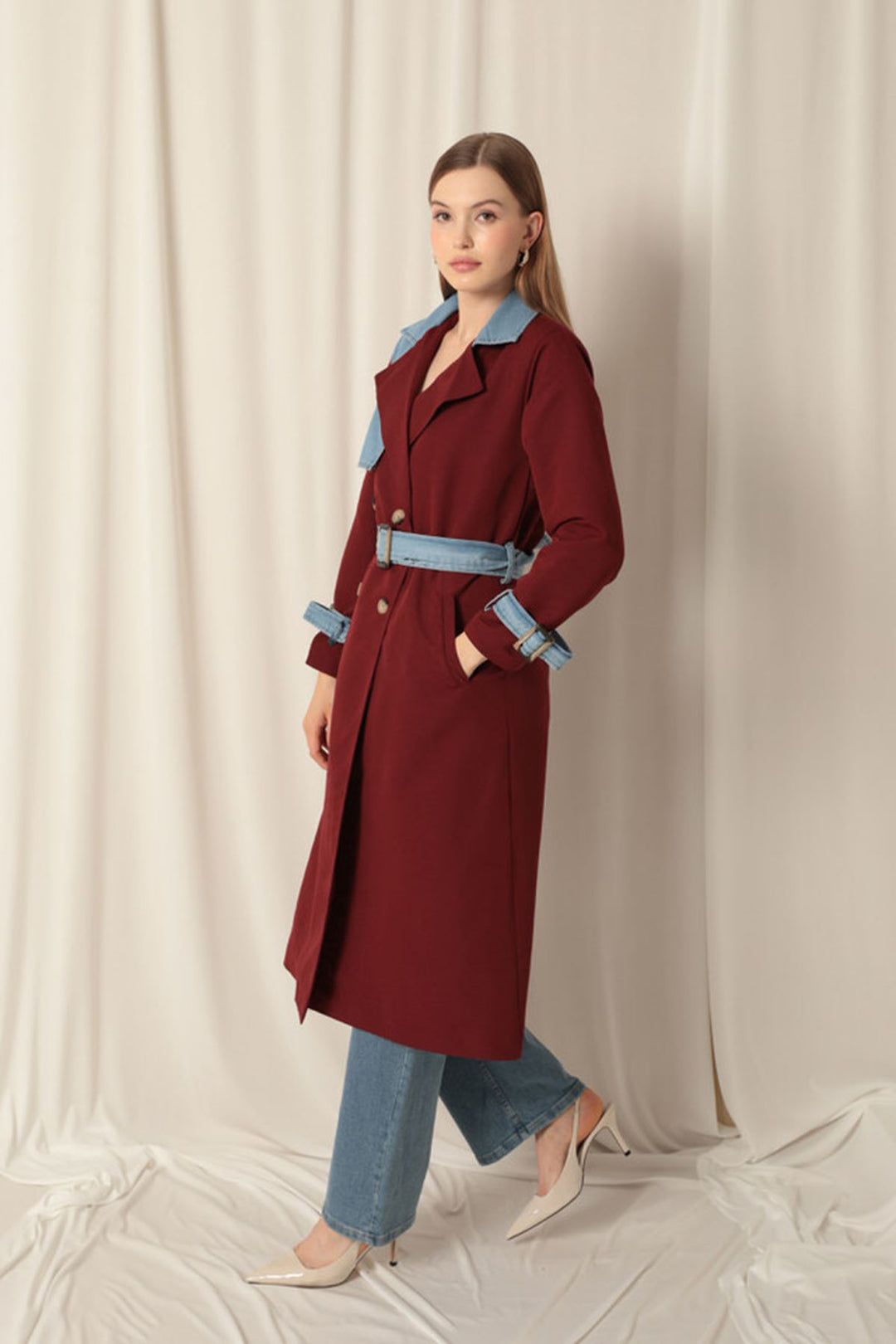 KKT Torino Fabric Women's Burgundy Trench Coat - Acharnés
