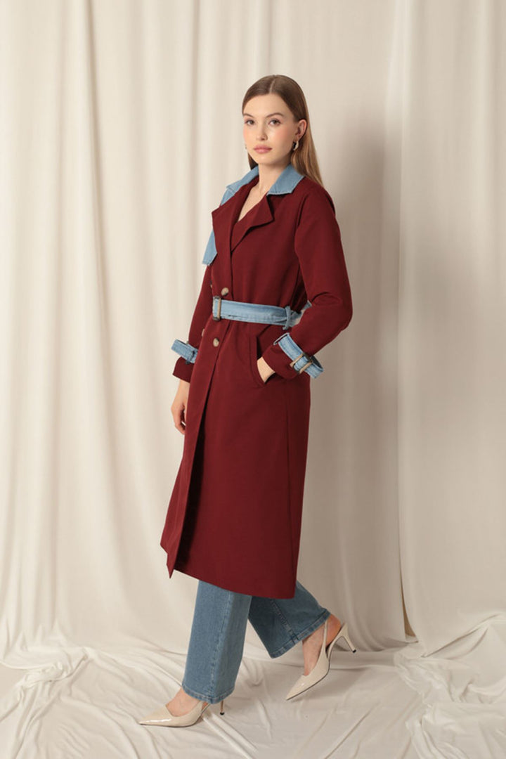 KKT Torino Fabric Women's Burgundy Trench Coat - Acharnés