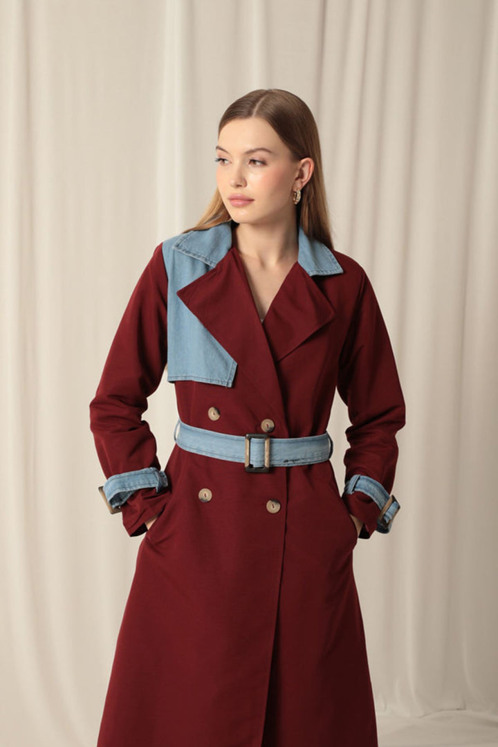 KKT Torino Fabric Women's Burgundy Trench Coat - Acharnés