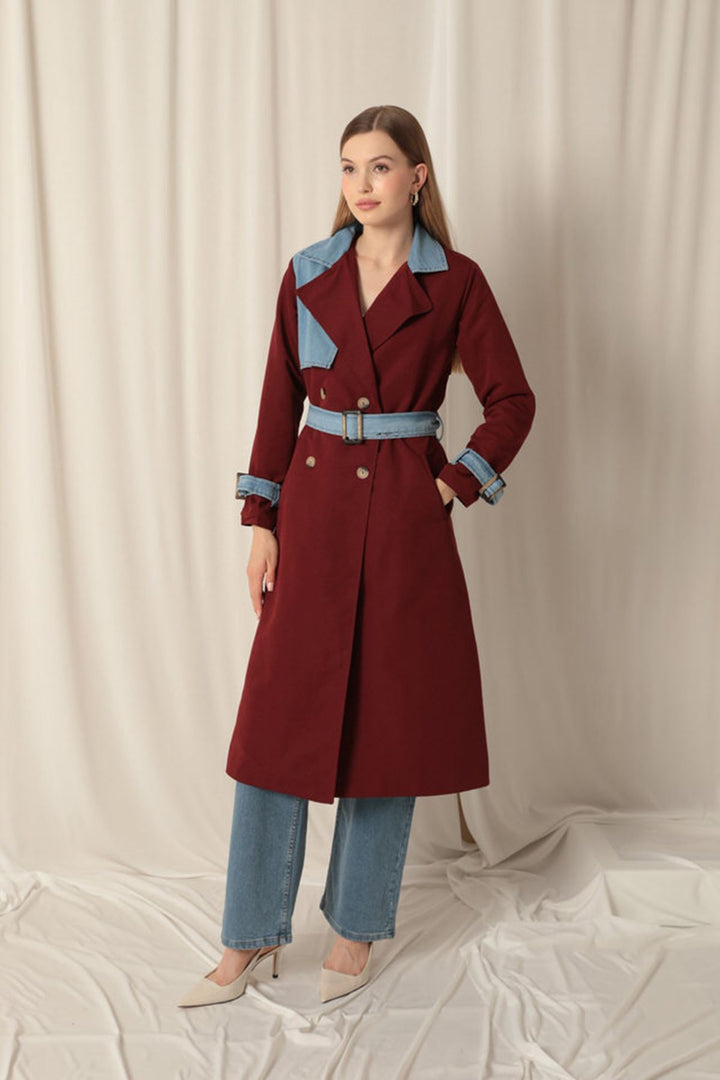 KKT Torino Fabric Women's Burgundy Trench Coat - Acharnés