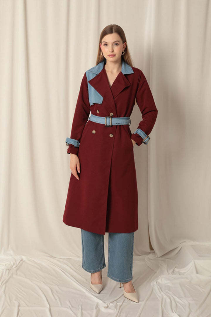KKT Torino Fabric Women's Burgundy Trench Coat - Acharnés