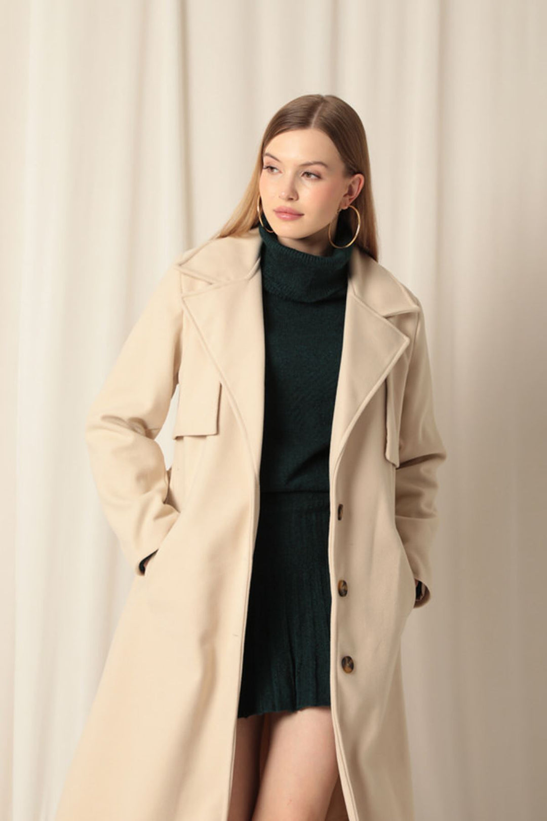 KKT Cashmere Fabric Women's Beige Coat - Villaflores