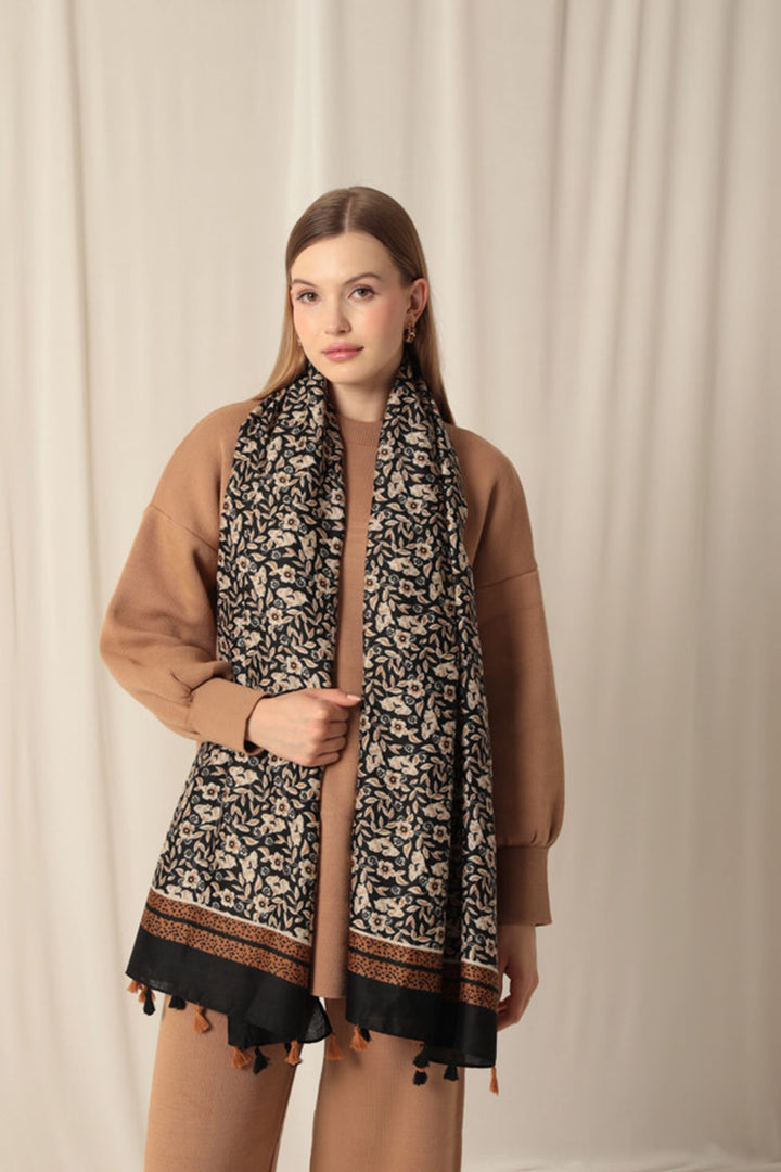 KKT Tasseled Leaf Patterned Women's Black Shawl - Courbevoic