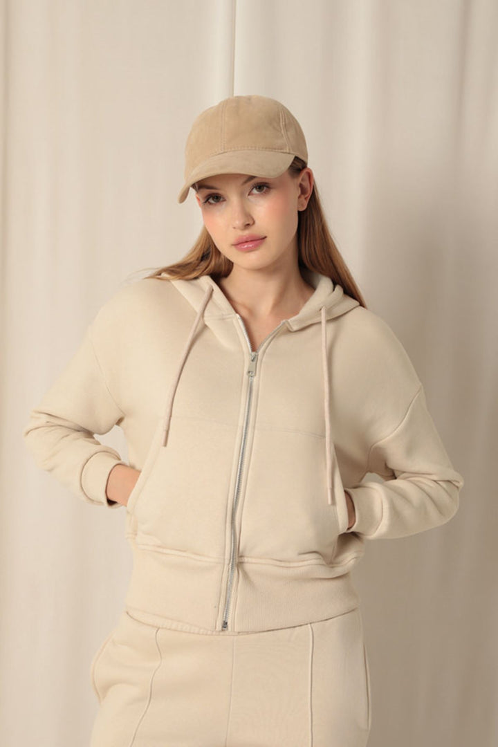 KKT Zippered Hooded Short Beige Sweat - Augusta