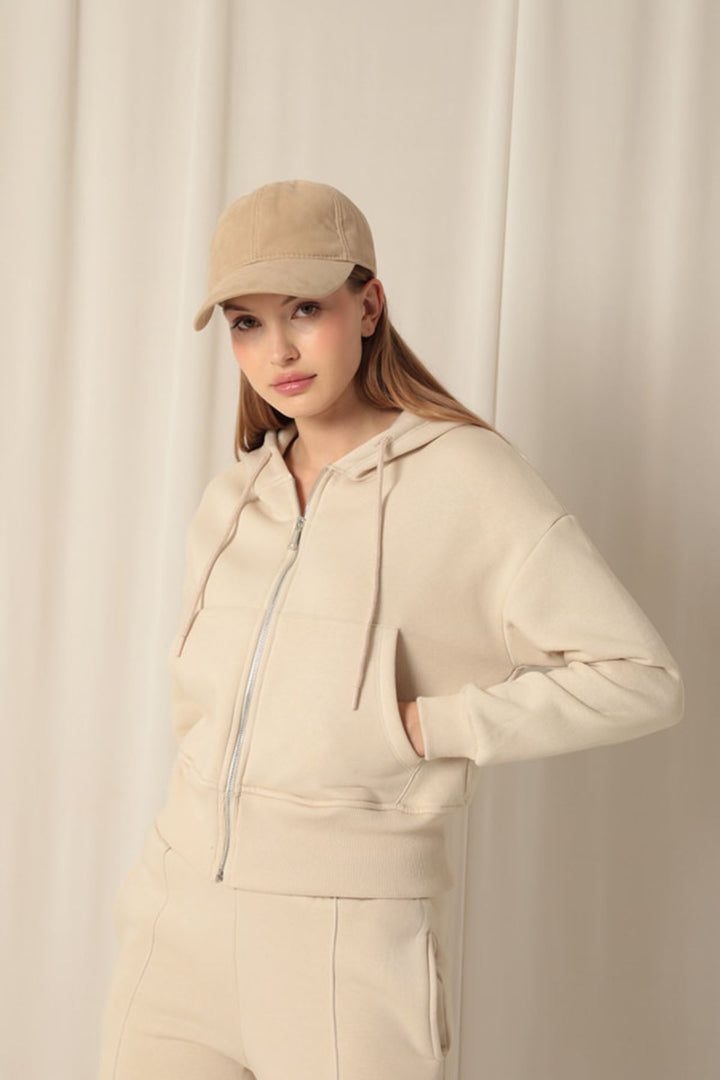 KKT Zippered Hooded Short Beige Sweat - Augusta
