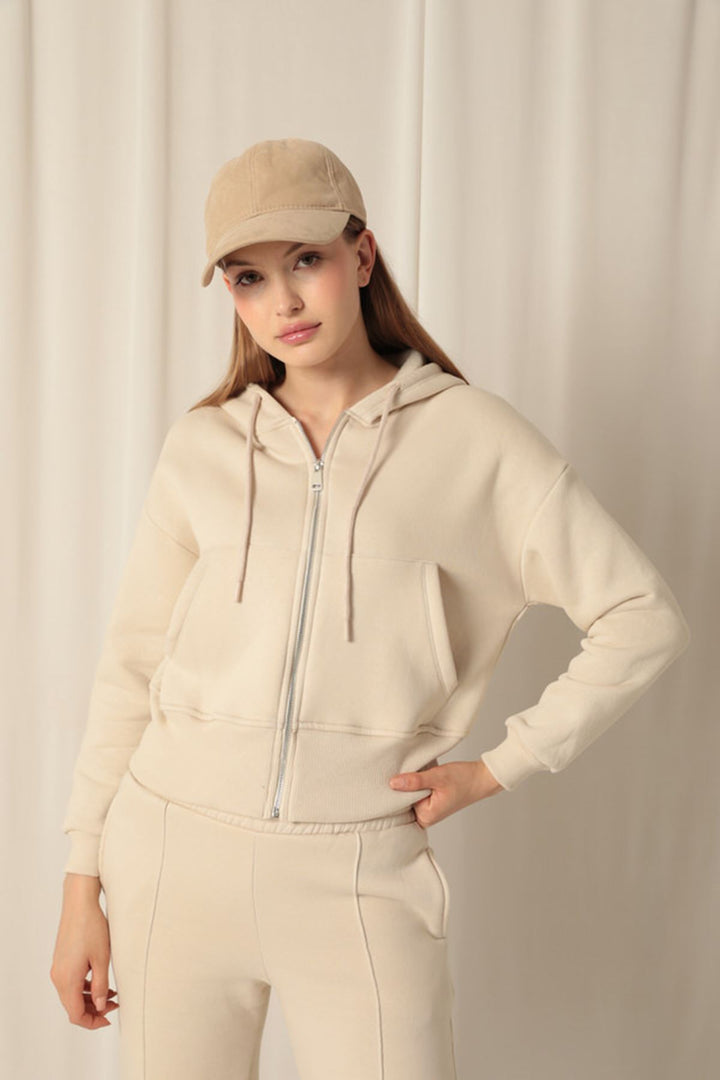 KKT Zippered Hooded Short Beige Sweat - Augusta