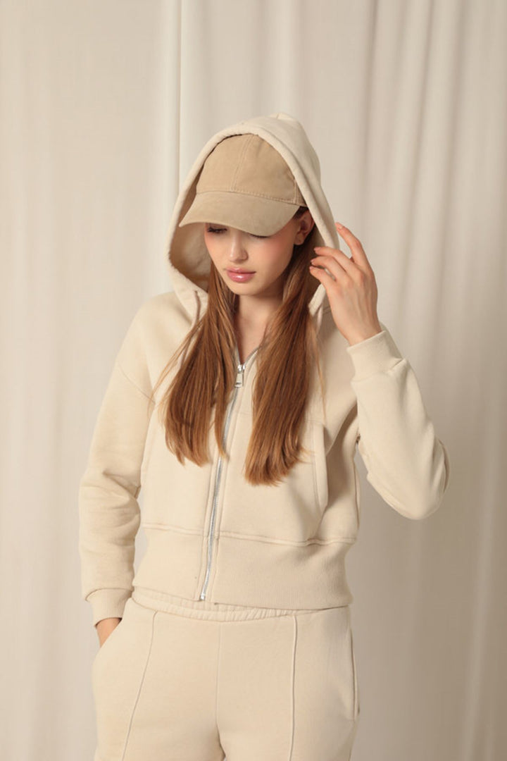 KKT Zippered Hooded Short Beige Sweat - Augusta