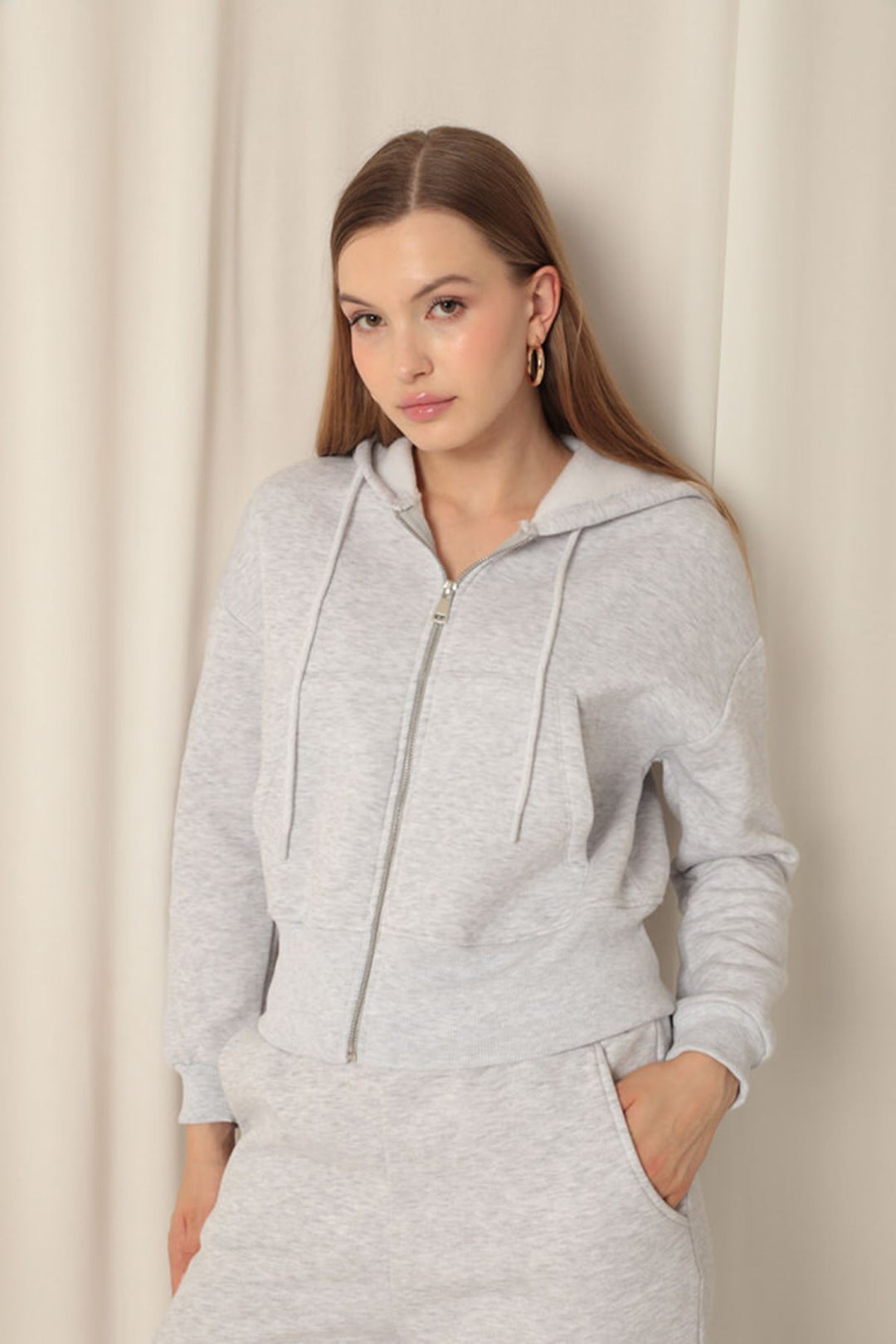 KKT Zippered Hooded Short Light Grey Sweat - Orange