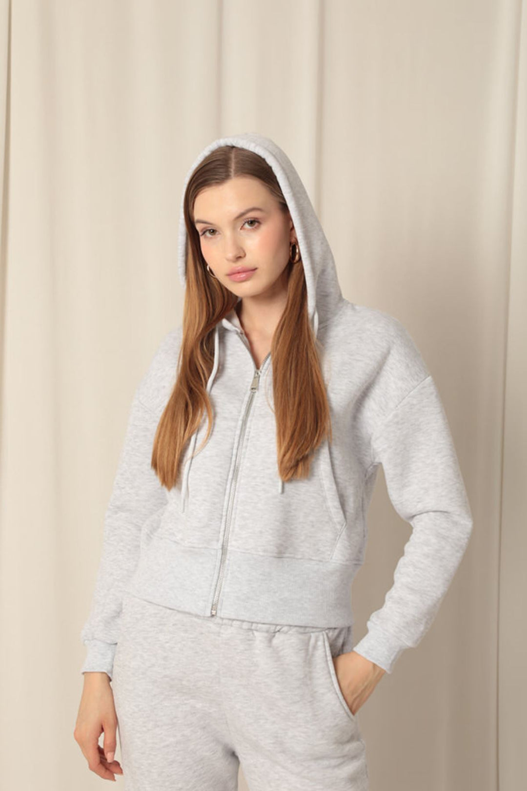 KKT Zippered Hooded Short Light Grey Sweat - Orange