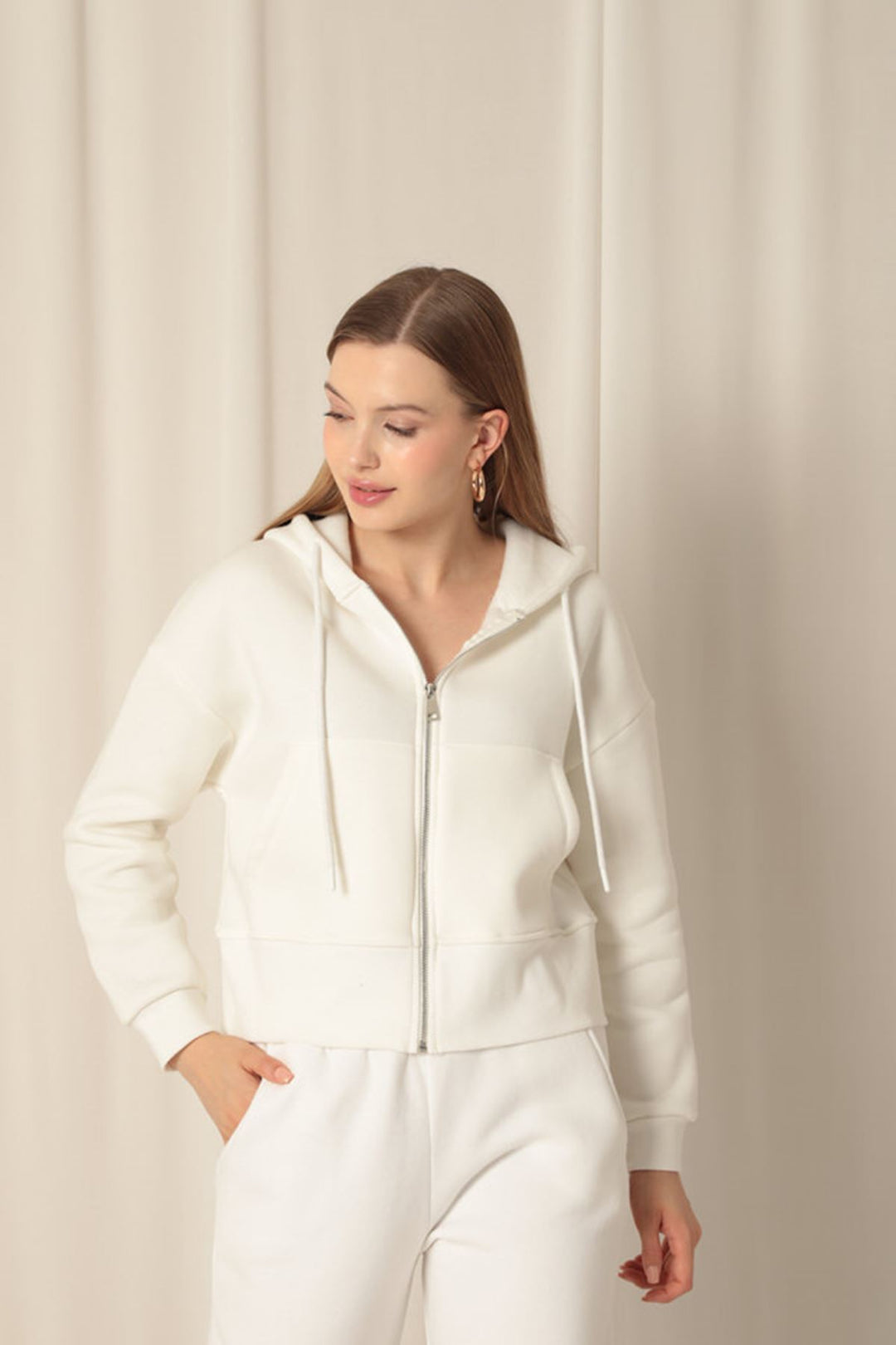 KKT Triple-Thread Zippered Hooded Short Ecru Sweat - Guadalajara