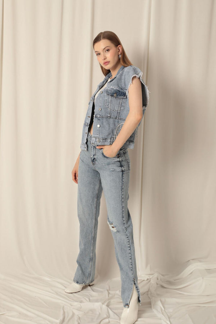 KKT Denim Fabric Stone Detailed Women's Blue Vest - Salinas Victoria