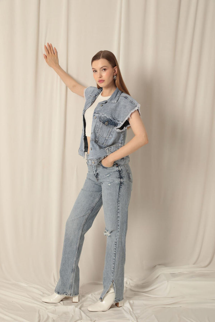 KKT Denim Fabric Stone Detailed Women's Blue Vest - Salinas Victoria