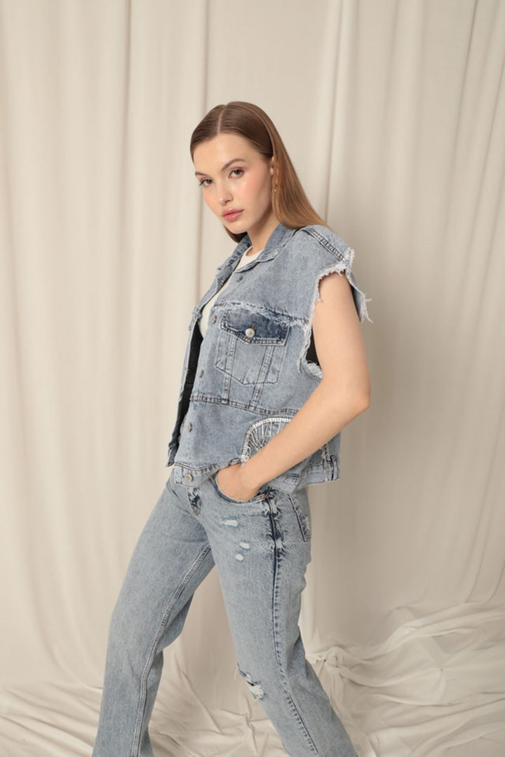 KKT Denim Fabric Stone Detailed Women's Blue Vest - Salinas Victoria