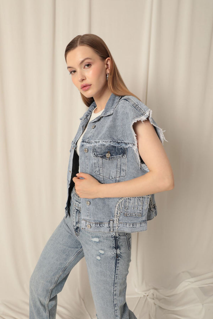 KKT Denim Fabric Stone Detailed Women's Blue Vest - Salinas Victoria
