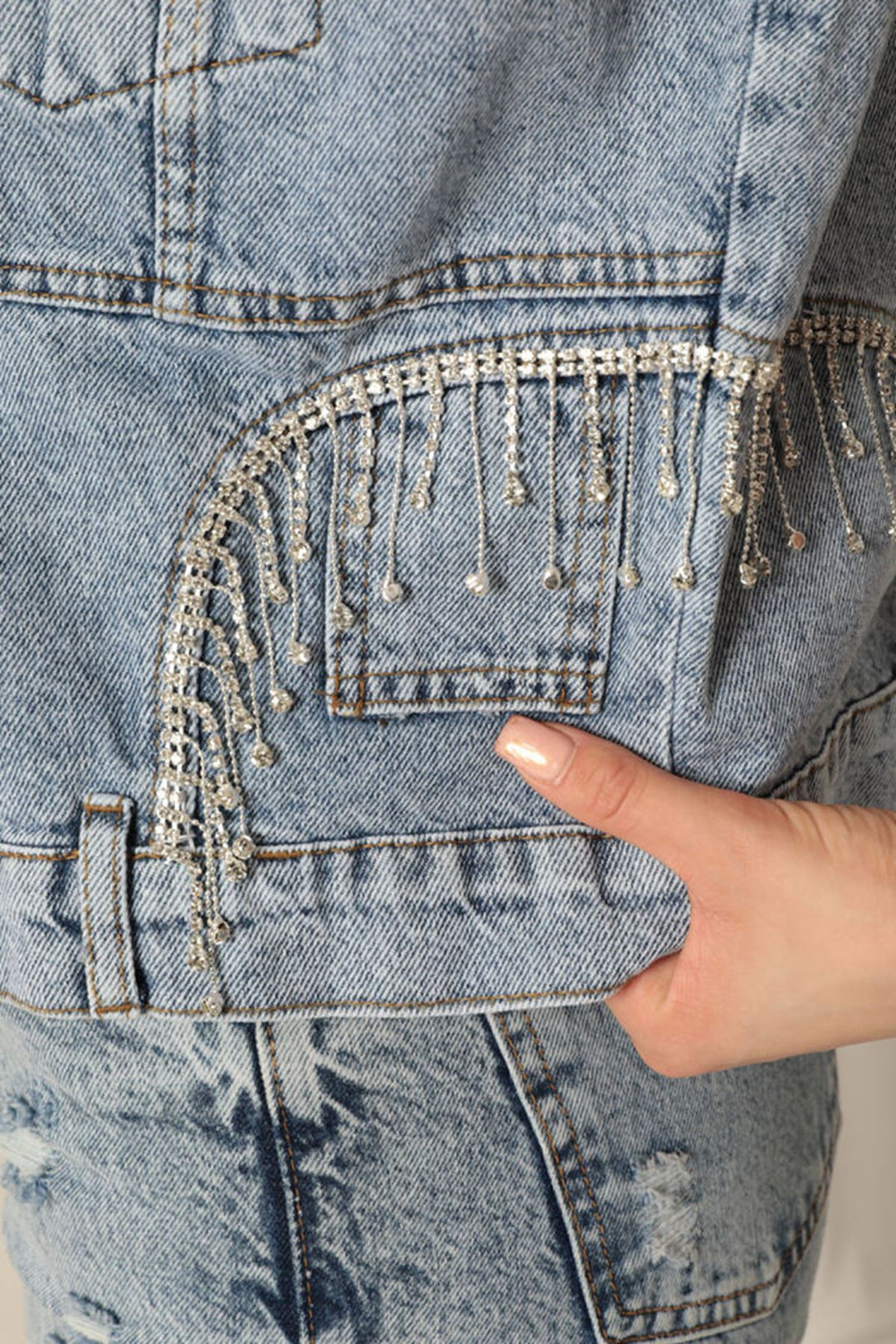 KKT Denim Fabric Stone Detailed Women's Blue Vest - Salinas Victoria
