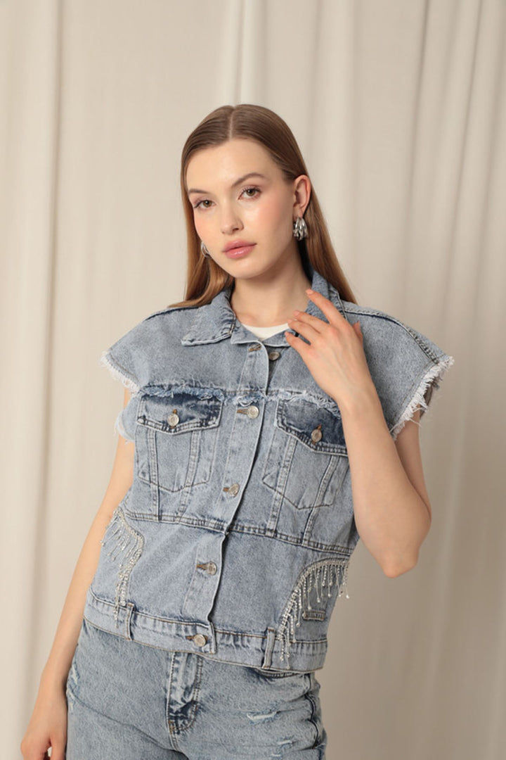 KKT Denim Fabric Stone Detailed Women's Blue Vest - Salinas Victoria
