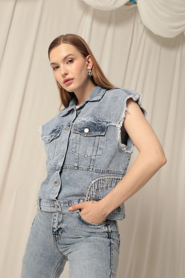 KKT Denim Fabric Stone Detailed Women's Blue Vest - Salinas Victoria