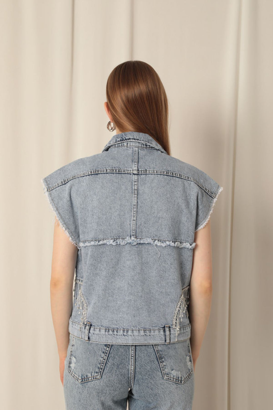 KKT Denim Fabric Stone Detailed Women's Blue Vest - Salinas Victoria