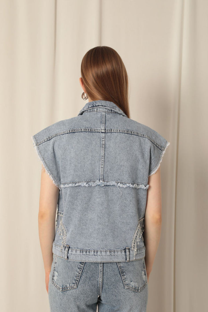 KKT Denim Fabric Stone Detailed Women's Blue Vest - Salinas Victoria