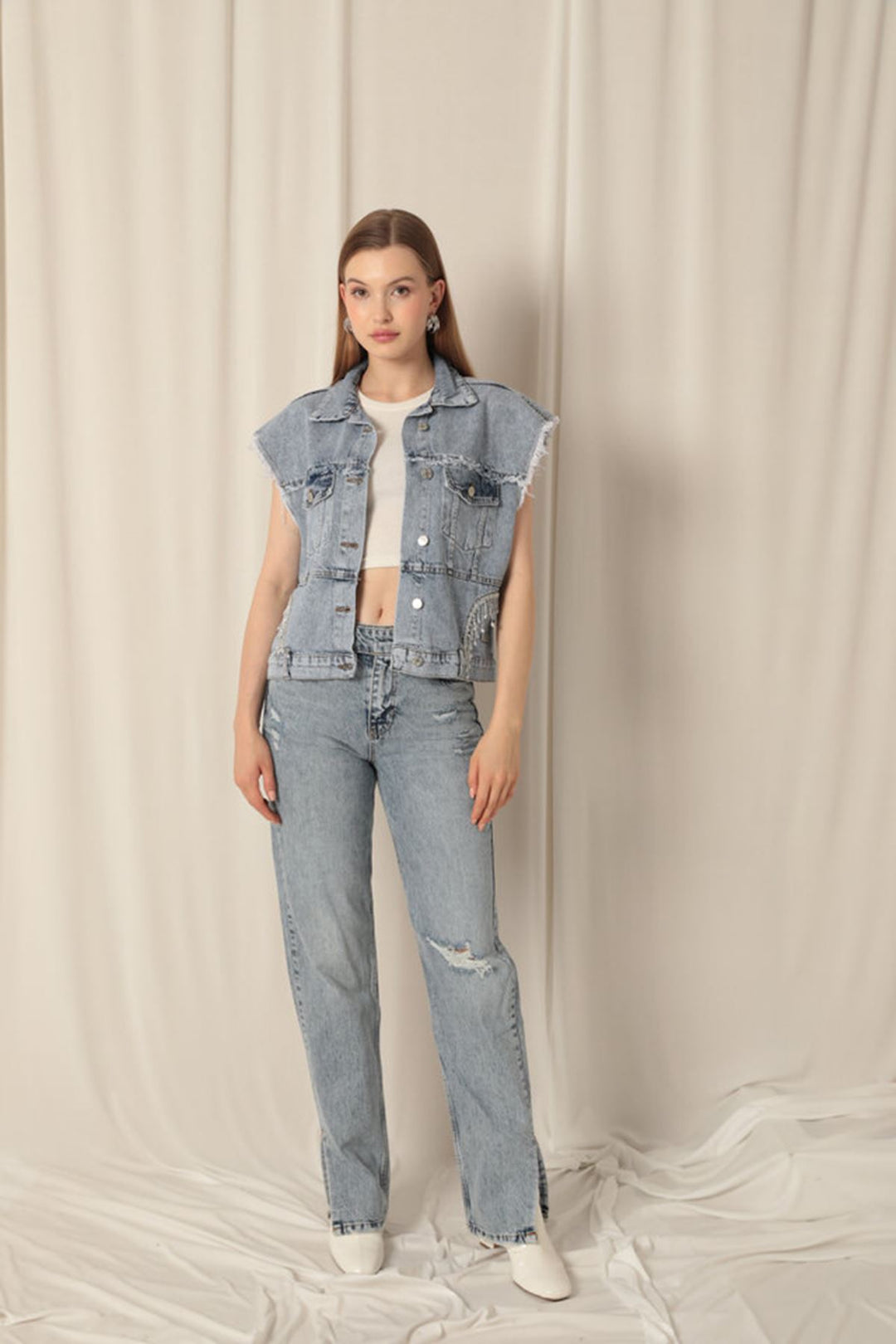 KKT Denim Fabric Stone Detailed Women's Blue Vest - Salinas Victoria