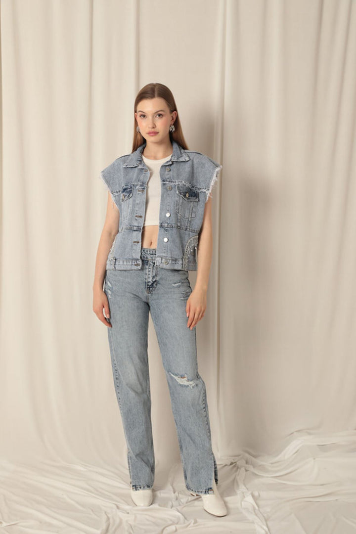 KKT Denim Fabric Stone Detailed Women's Blue Vest - Salinas Victoria
