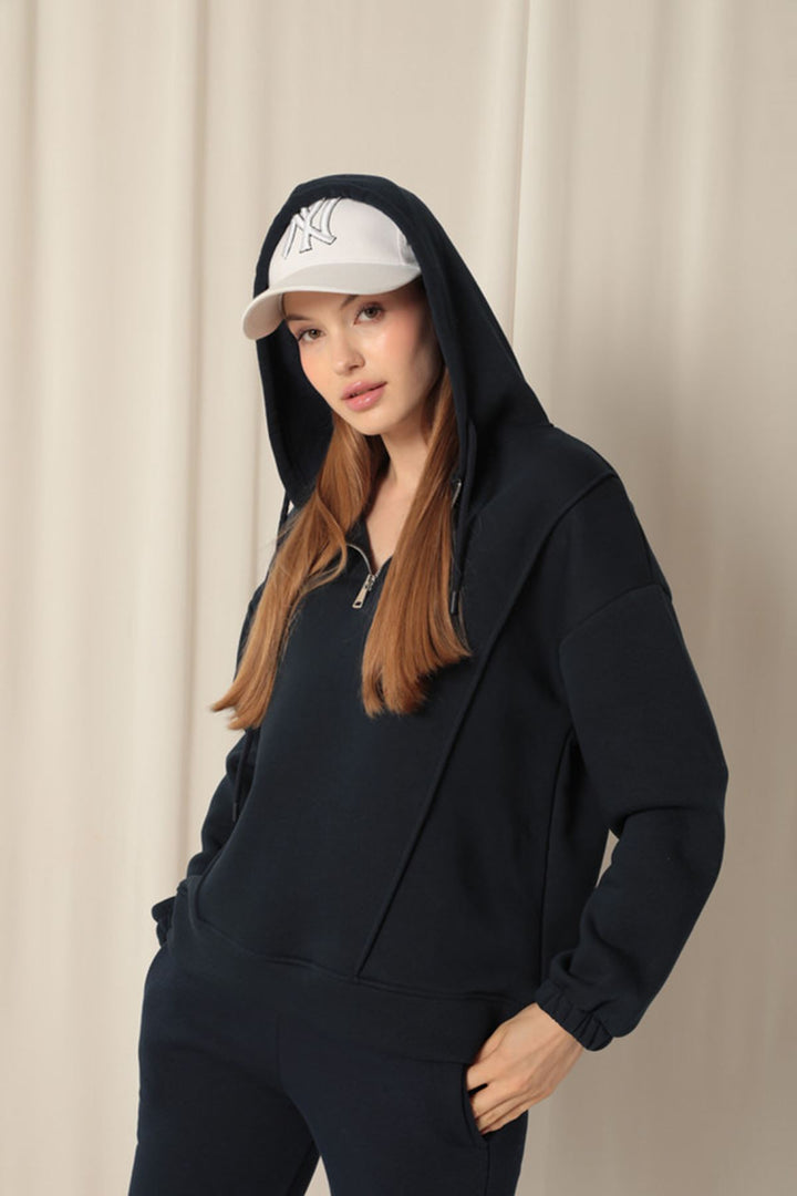 KKT Triple Fabric Zippered Women's Navy Blue Sweater - Caguas