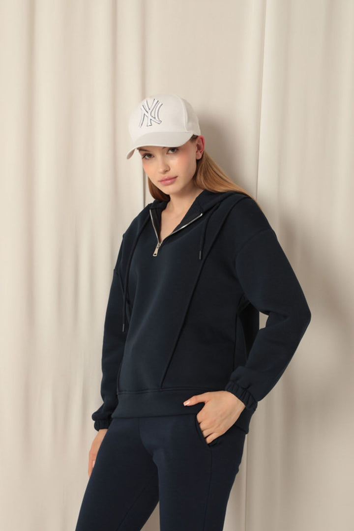 KKT Triple Fabric Zippered Women's Navy Blue Sweater - Caguas