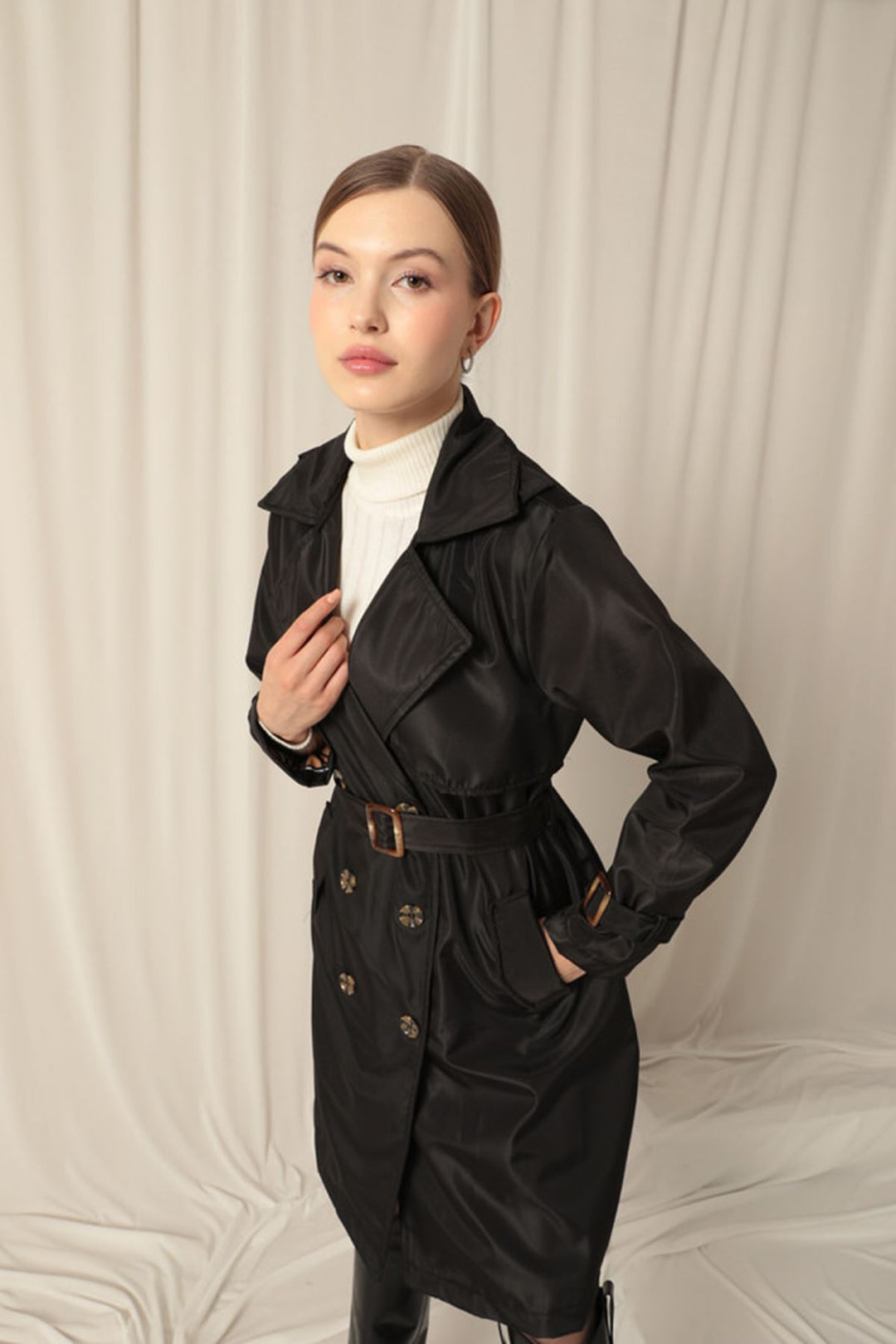 KKT Waterproof Fabric Women's Black Trench Coat - Pinsk
