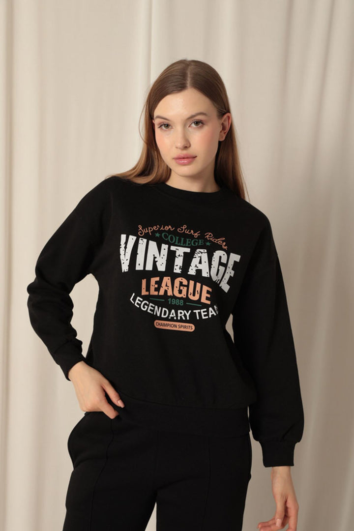 KKT Three Thread Fabric Printed Women's Black Sweat - Cuautla
