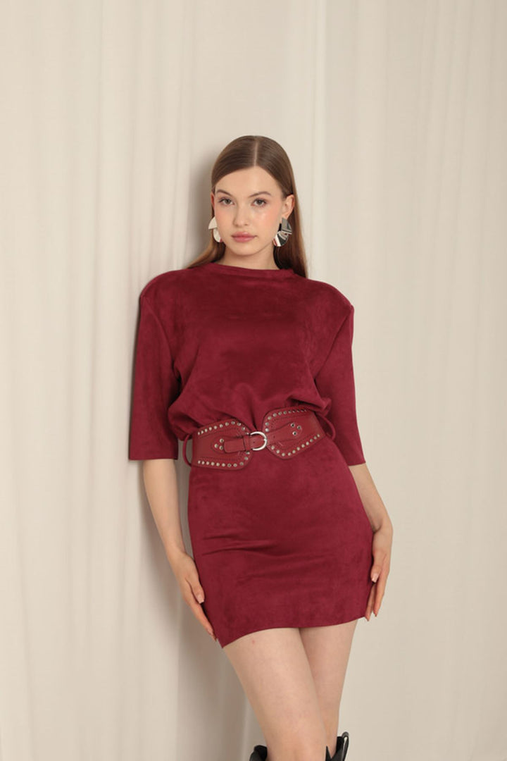 KKT Suede Fabric Belted Burgundy Dress - Ewell