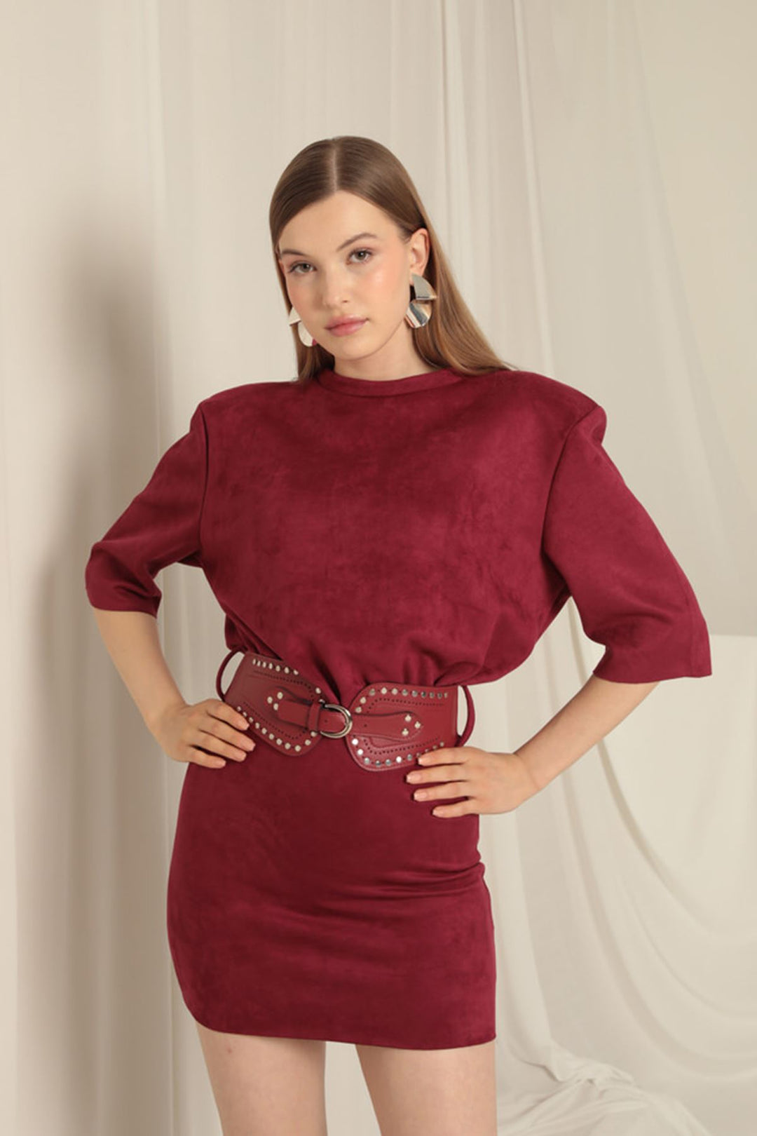 KKT Suede Fabric Belted Burgundy Dress - Ewell