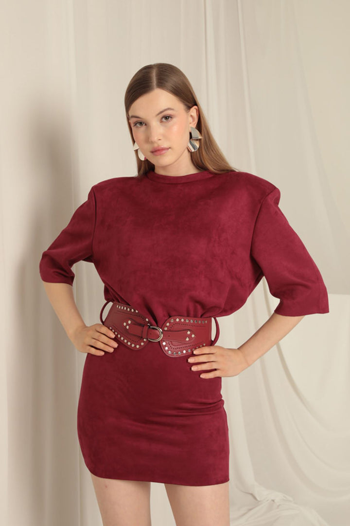KKT Suede Fabric Belted Burgundy Dress - Ewell