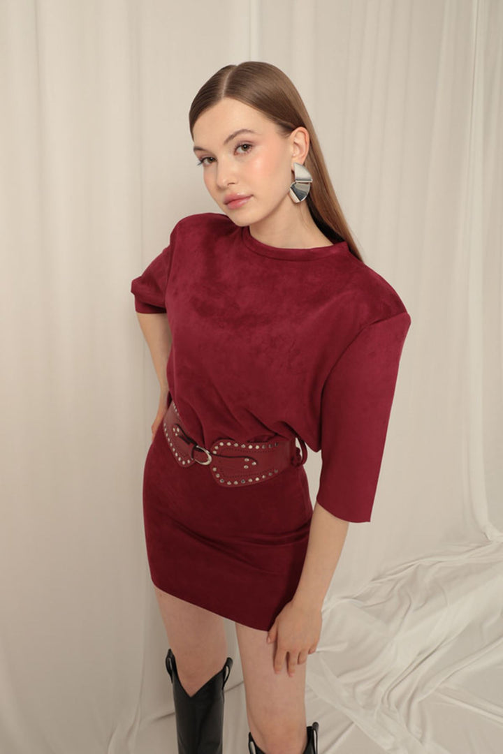 KKT Suede Fabric Belted Burgundy Dress - Ewell
