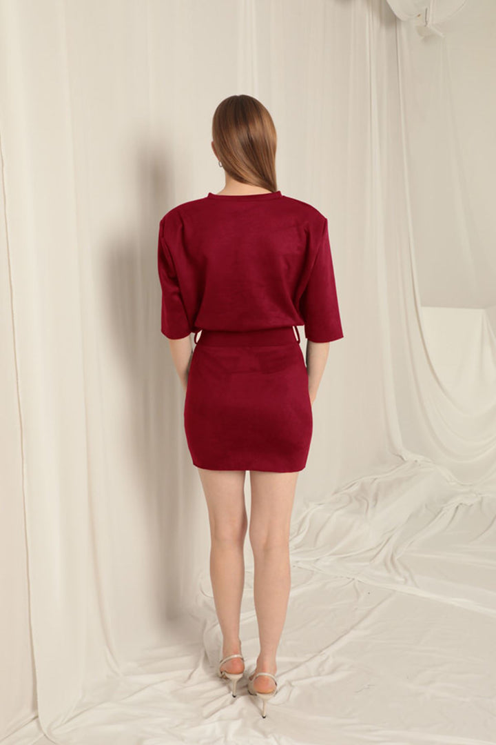 KKT Suede Fabric Belted Burgundy Dress - Ewell
