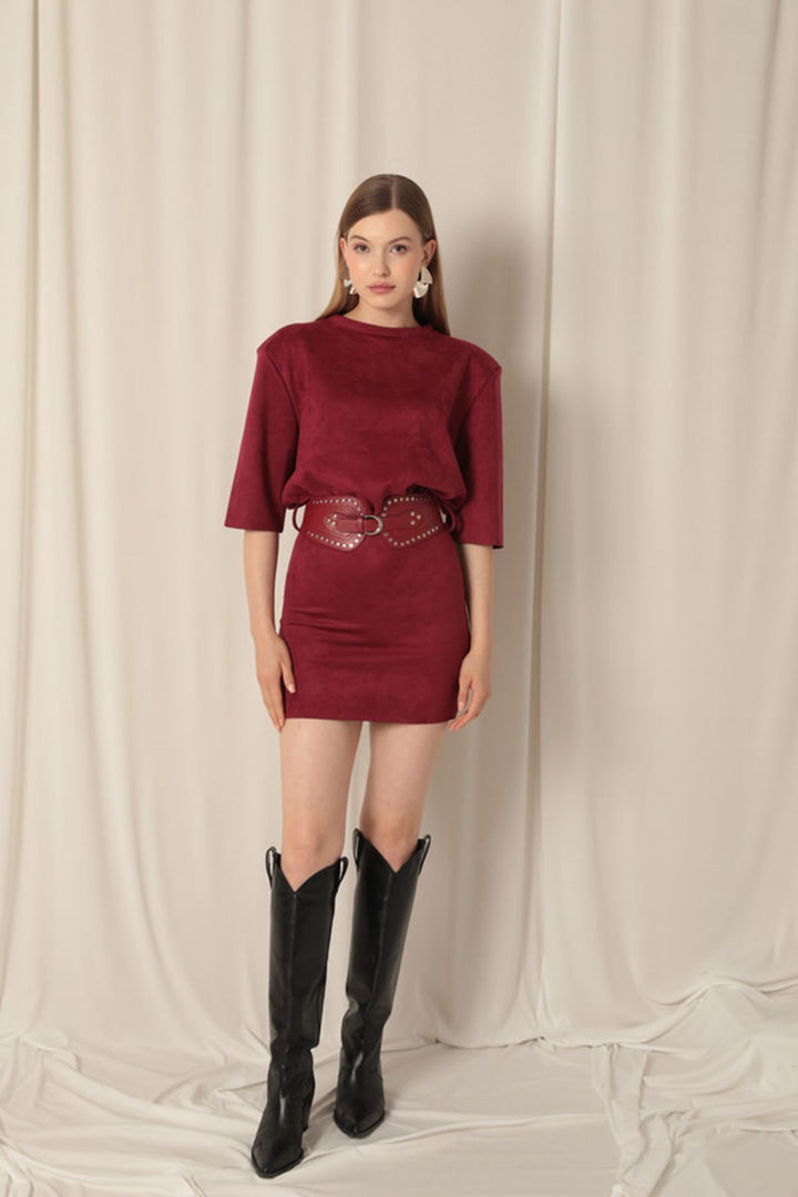 KKT Suede Fabric Belted Burgundy Dress - Ewell