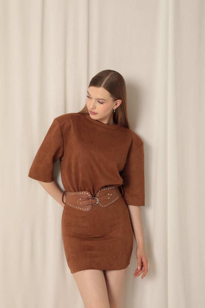 KKT Suede Fabric Belted Brown Dress - Buena Park