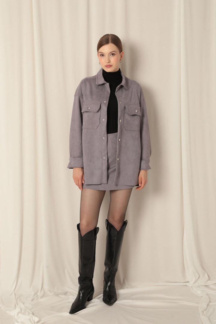 KKT Suede Fabric Shorts Skirt Women's Gray Suit - Santa Rosa Jauregui