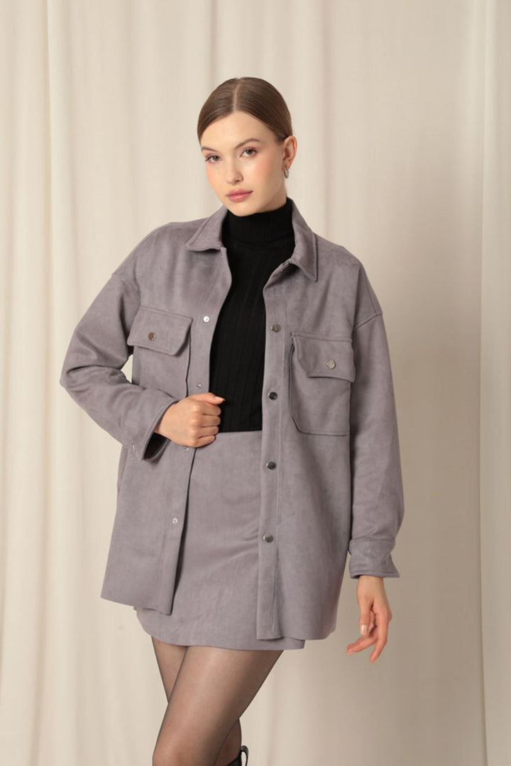 KKT Suede Fabric Shorts Skirt Women's Gray Suit - Santa Rosa Jauregui