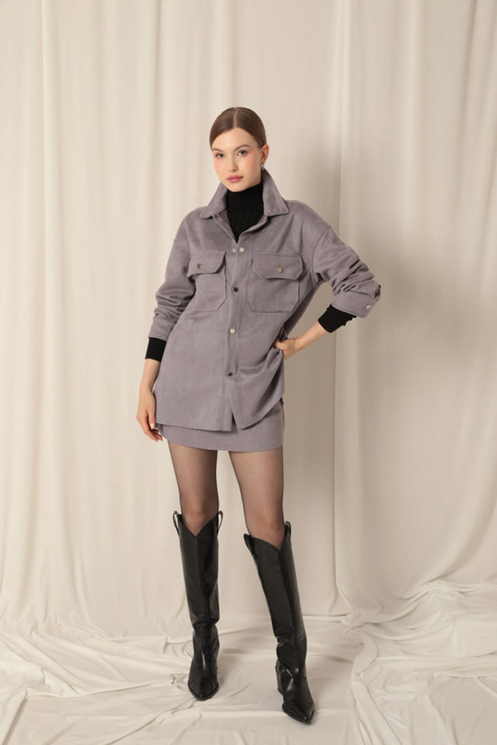 KKT Suede Fabric Shorts Skirt Women's Gray Suit - Santa Rosa Jauregui