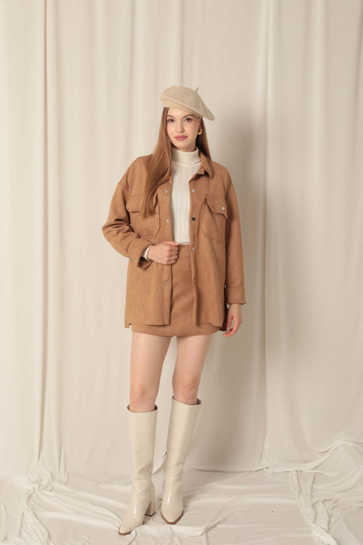 KKT Suede Fabric Shorts Skirt Women's Tan Suit - Mesa