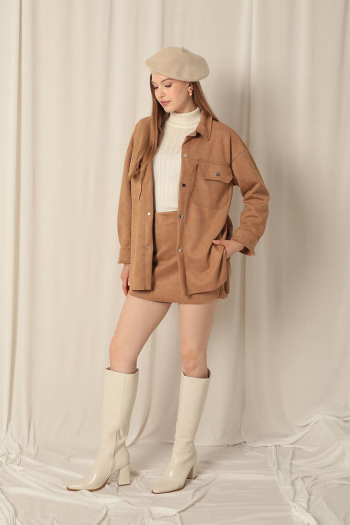KKT Suede Fabric Shorts Skirt Women's Tan Suit - Mesa