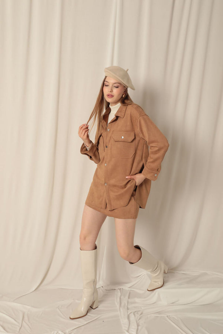 KKT Suede Fabric Shorts Skirt Women's Tan Suit - Mesa