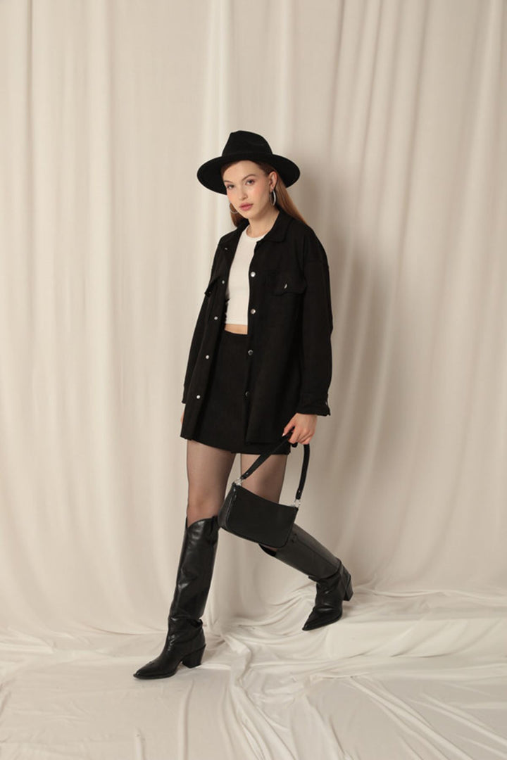 KKT Suede Fabric Shorts Skirt Women's Black Suit - Albano Laziale