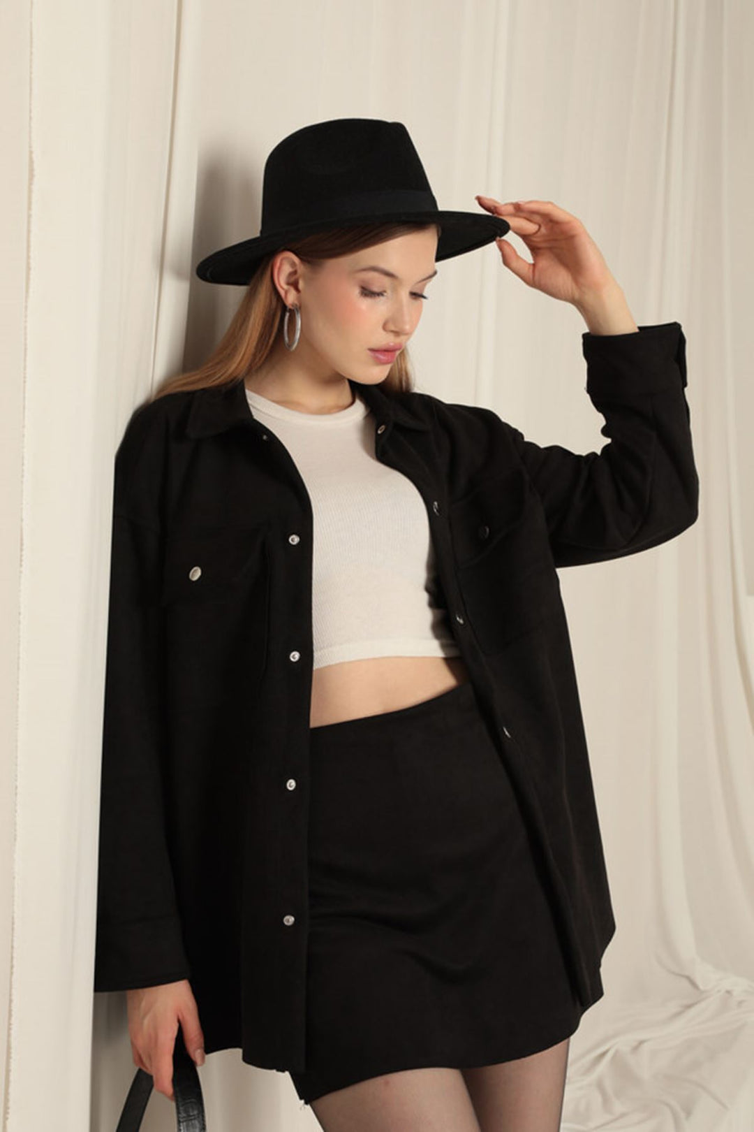 KKT Suede Fabric Shorts Skirt Women's Black Suit - Albano Laziale