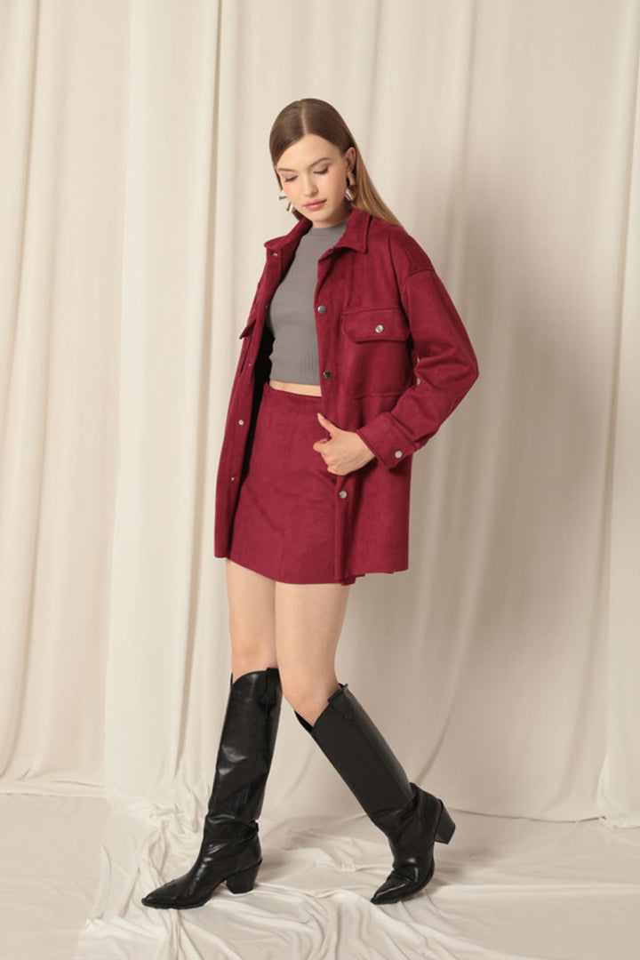 KKT Suede Fabric Shorts Skirt Women's Burgundy Suit - Paços de Ferreira
