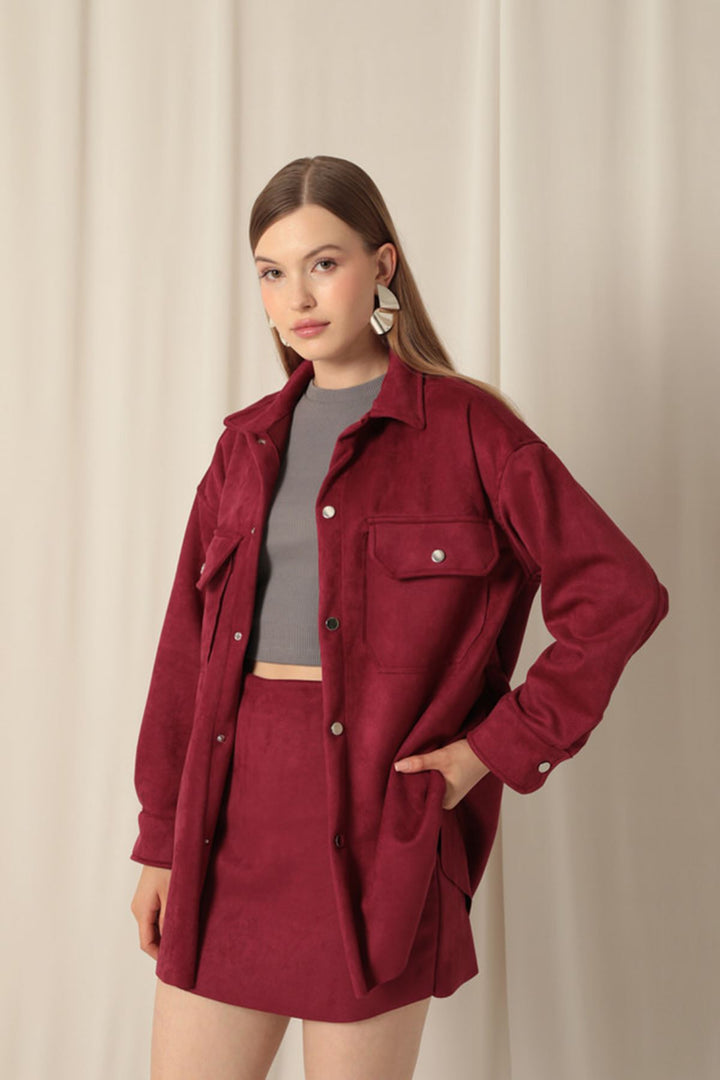 KKT Suede Fabric Shorts Skirt Women's Burgundy Suit - Paços de Ferreira